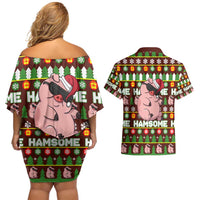 Hamsome Cute Pig Christmas Couples Matching Off Shoulder Short Dress and Hawaiian Shirt Xmas Holiday Patterns - Wonder Print Shop