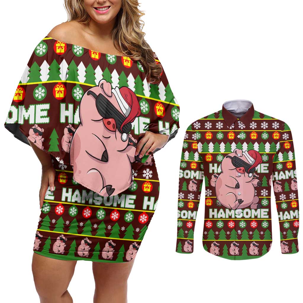Hamsome Cute Pig Christmas Couples Matching Off Shoulder Short Dress and Long Sleeve Button Shirt Xmas Holiday Patterns - Wonder Print Shop