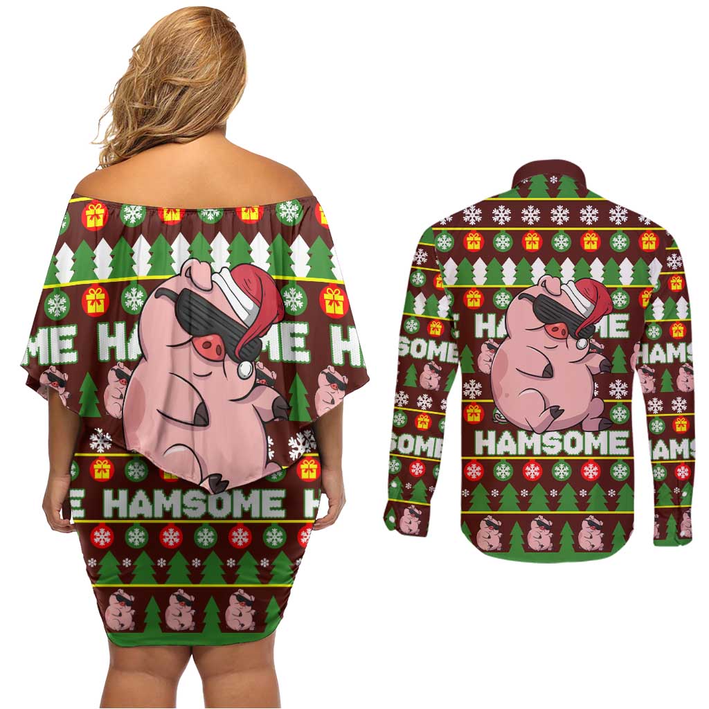 Hamsome Cute Pig Christmas Couples Matching Off Shoulder Short Dress and Long Sleeve Button Shirt Xmas Holiday Patterns - Wonder Print Shop