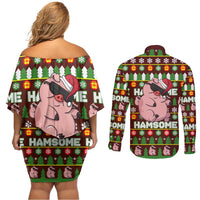 Hamsome Cute Pig Christmas Couples Matching Off Shoulder Short Dress and Long Sleeve Button Shirt Xmas Holiday Patterns - Wonder Print Shop