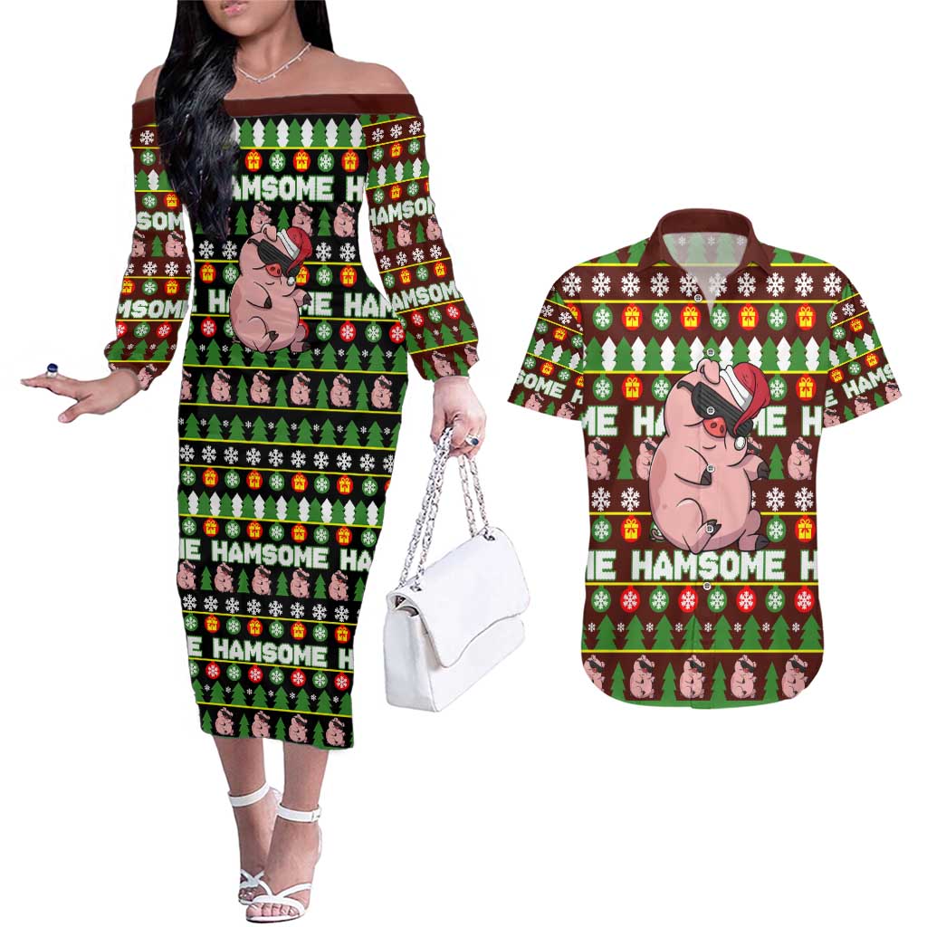 Hamsome Cute Pig Christmas Couples Matching Off The Shoulder Long Sleeve Dress and Hawaiian Shirt Xmas Holiday Patterns - Wonder Print Shop