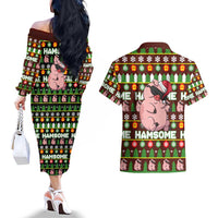 Hamsome Cute Pig Christmas Couples Matching Off The Shoulder Long Sleeve Dress and Hawaiian Shirt Xmas Holiday Patterns - Wonder Print Shop