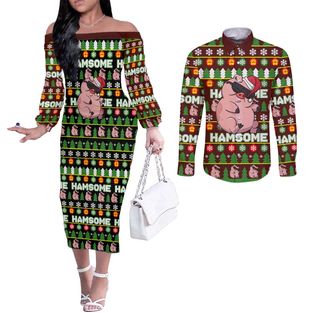 Hamsome Cute Pig Christmas Couples Matching Off The Shoulder Long Sleeve Dress and Long Sleeve Button Shirt Xmas Holiday Patterns - Wonder Print Shop