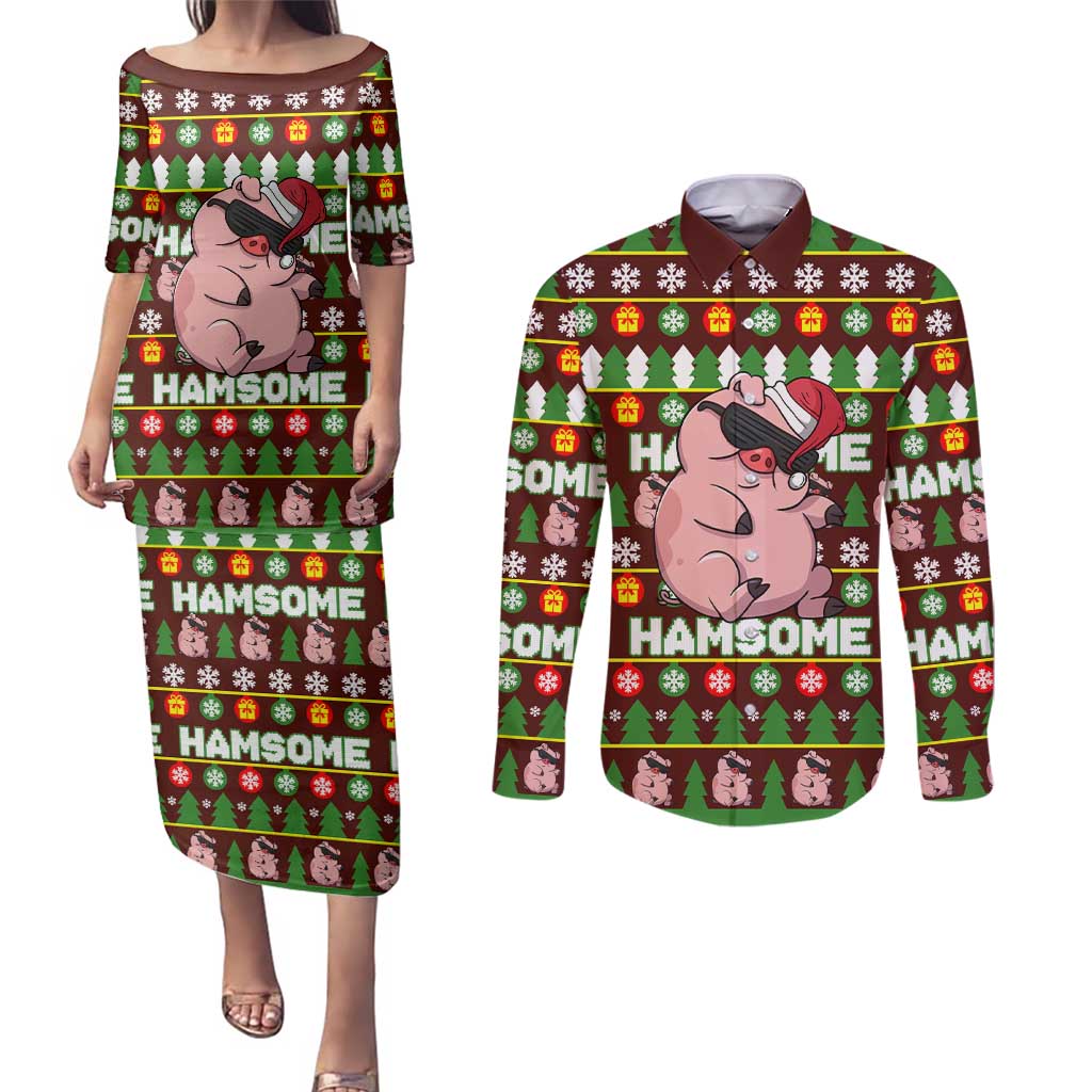 Hamsome Cute Pig Christmas Couples Matching Puletasi and Long Sleeve Button Shirt Xmas Holiday Patterns - Wonder Print Shop