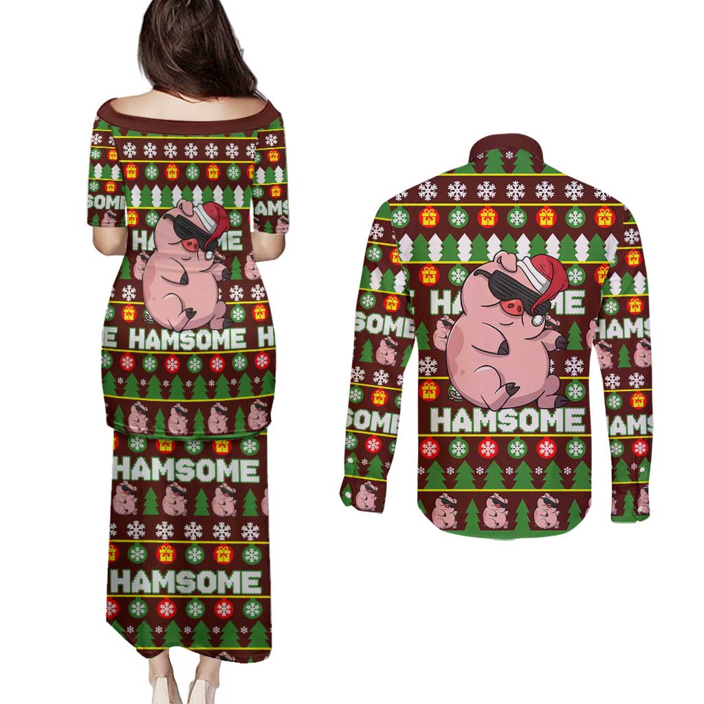 Hamsome Cute Pig Christmas Couples Matching Puletasi and Long Sleeve Button Shirt Xmas Holiday Patterns - Wonder Print Shop