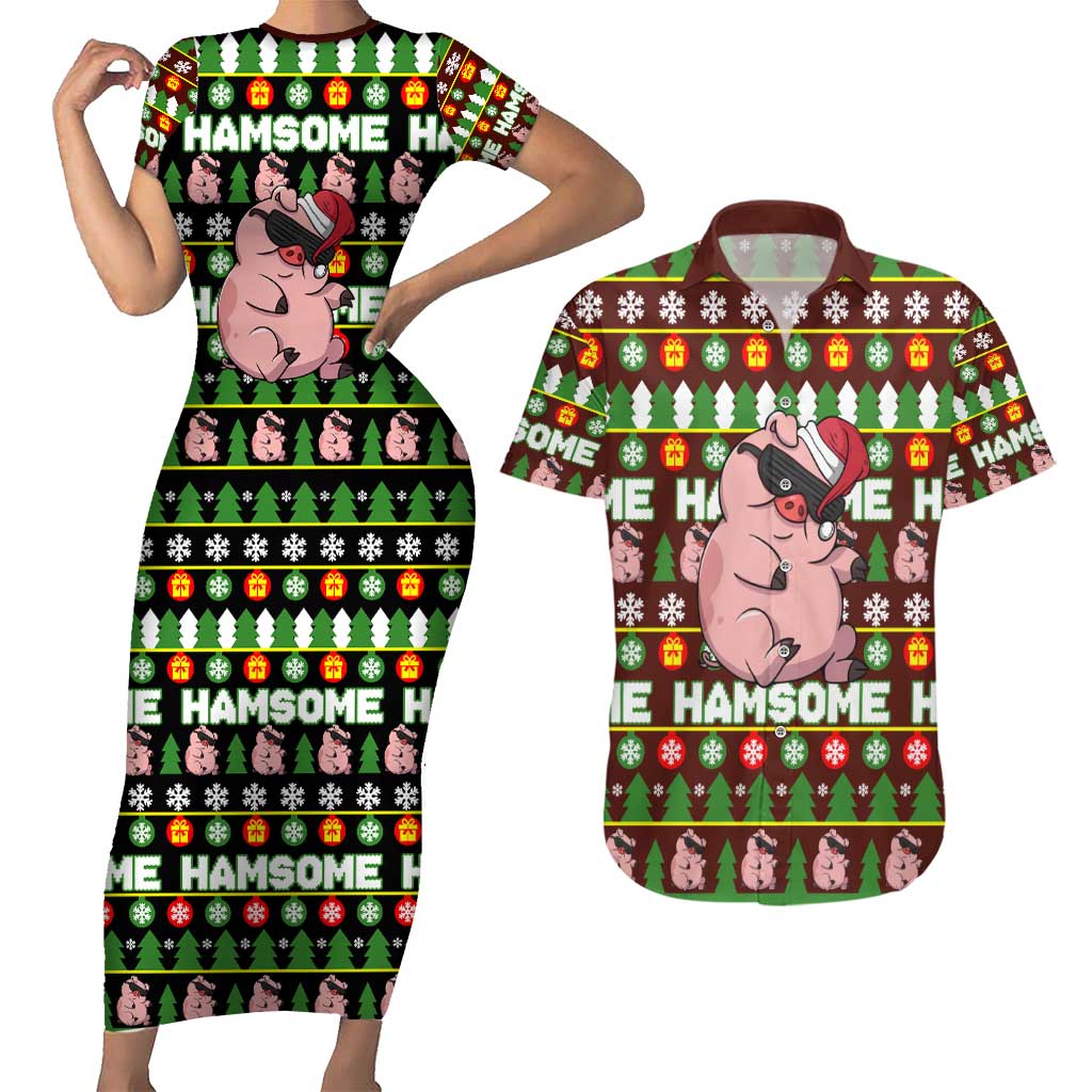Hamsome Cute Pig Christmas Couples Matching Short Sleeve Bodycon Dress and Hawaiian Shirt Xmas Holiday Patterns - Wonder Print Shop