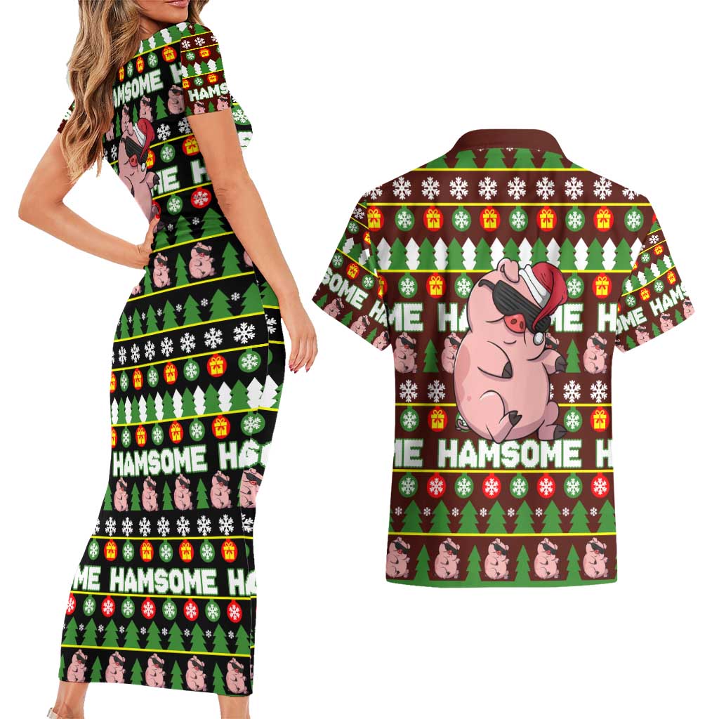 Hamsome Cute Pig Christmas Couples Matching Short Sleeve Bodycon Dress and Hawaiian Shirt Xmas Holiday Patterns - Wonder Print Shop