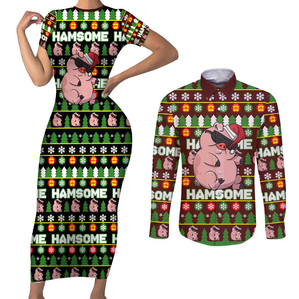 Hamsome Cute Pig Christmas Couples Matching Short Sleeve Bodycon Dress and Long Sleeve Button Shirt Xmas Holiday Patterns - Wonder Print Shop