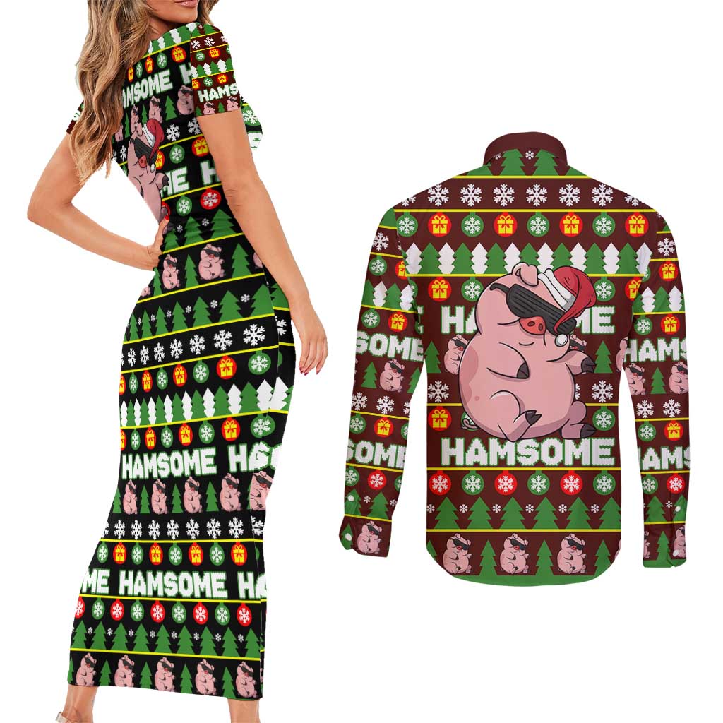 Hamsome Cute Pig Christmas Couples Matching Short Sleeve Bodycon Dress and Long Sleeve Button Shirt Xmas Holiday Patterns - Wonder Print Shop