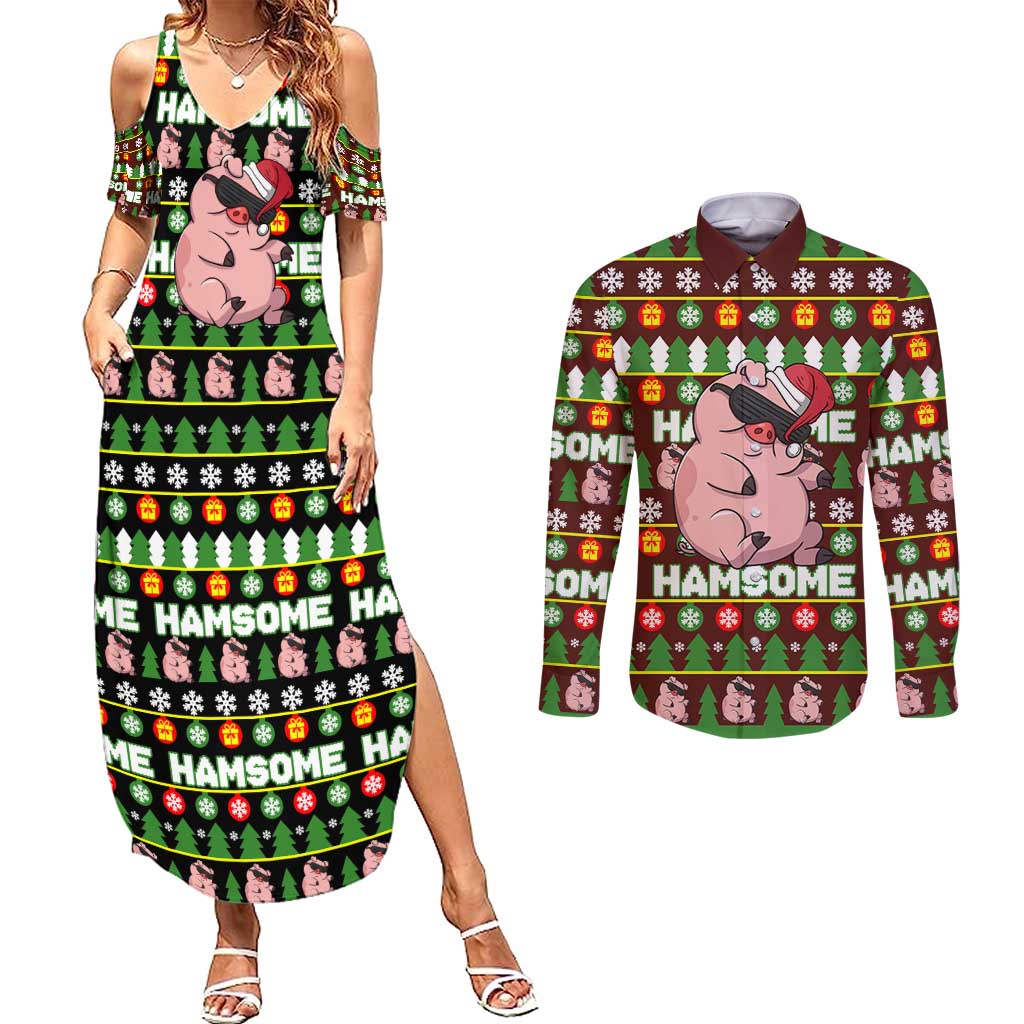 Hamsome Cute Pig Christmas Couples Matching Summer Maxi Dress and Long Sleeve Button Shirt Xmas Holiday Patterns - Wonder Print Shop