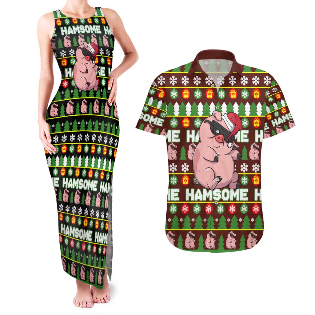 Hamsome Cute Pig Christmas Couples Matching Tank Maxi Dress and Hawaiian Shirt Xmas Holiday Patterns - Wonder Print Shop