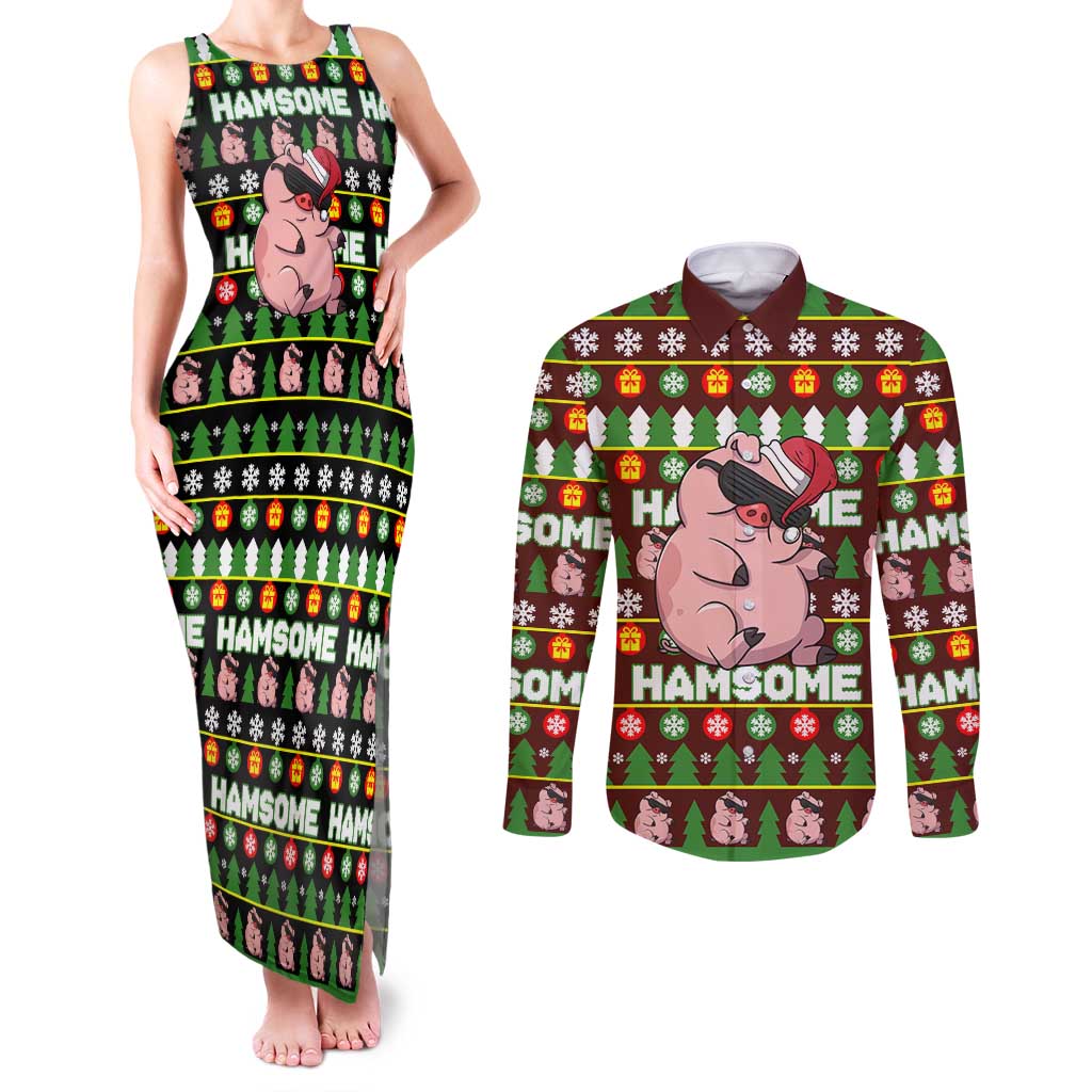 Hamsome Cute Pig Christmas Couples Matching Tank Maxi Dress and Long Sleeve Button Shirt Xmas Holiday Patterns - Wonder Print Shop
