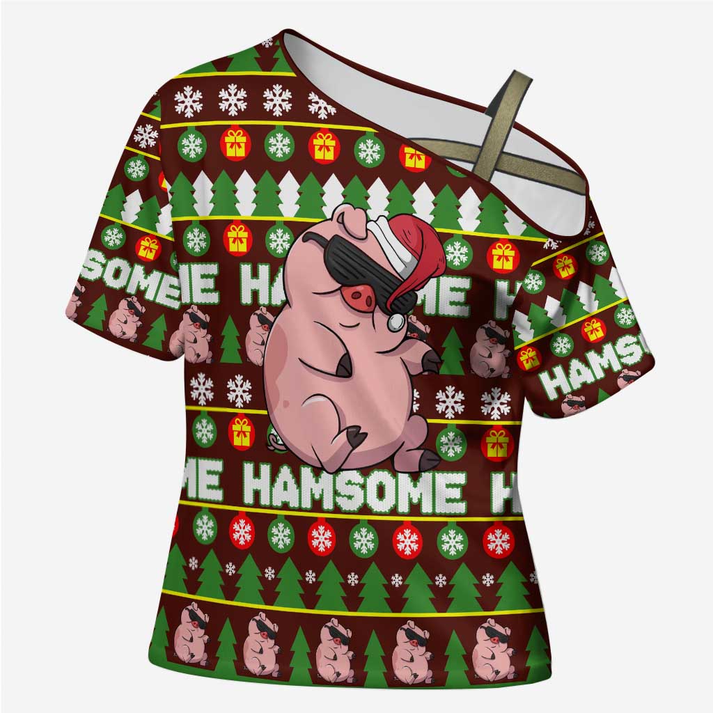 Hamsome Cute Pig Christmas Cross Shoulder Shirt Xmas Holiday Patterns - Wonder Print Shop