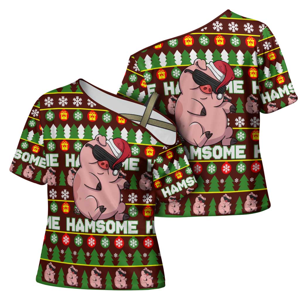 Hamsome Cute Pig Christmas Cross Shoulder Shirt Xmas Holiday Patterns - Wonder Print Shop