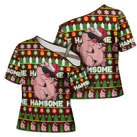 Hamsome Cute Pig Christmas Cross Shoulder Shirt Xmas Holiday Patterns - Wonder Print Shop