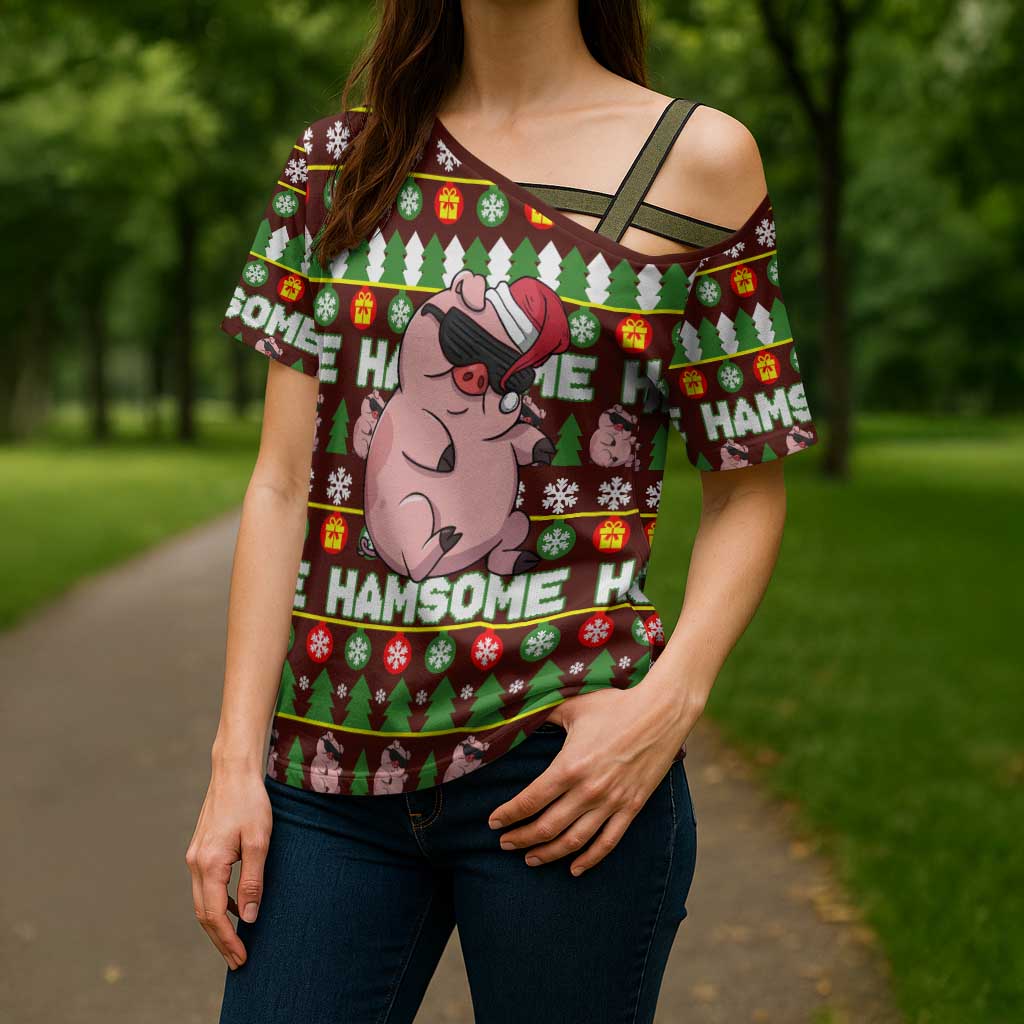 Hamsome Cute Pig Christmas Cross Shoulder Shirt Xmas Holiday Patterns - Wonder Print Shop