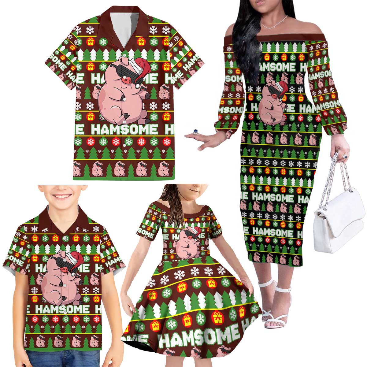Hamsome Cute Pig Christmas Family Matching Off The Shoulder Long Sleeve Dress and Hawaiian Shirt Xmas Holiday Patterns - Wonder Print Shop