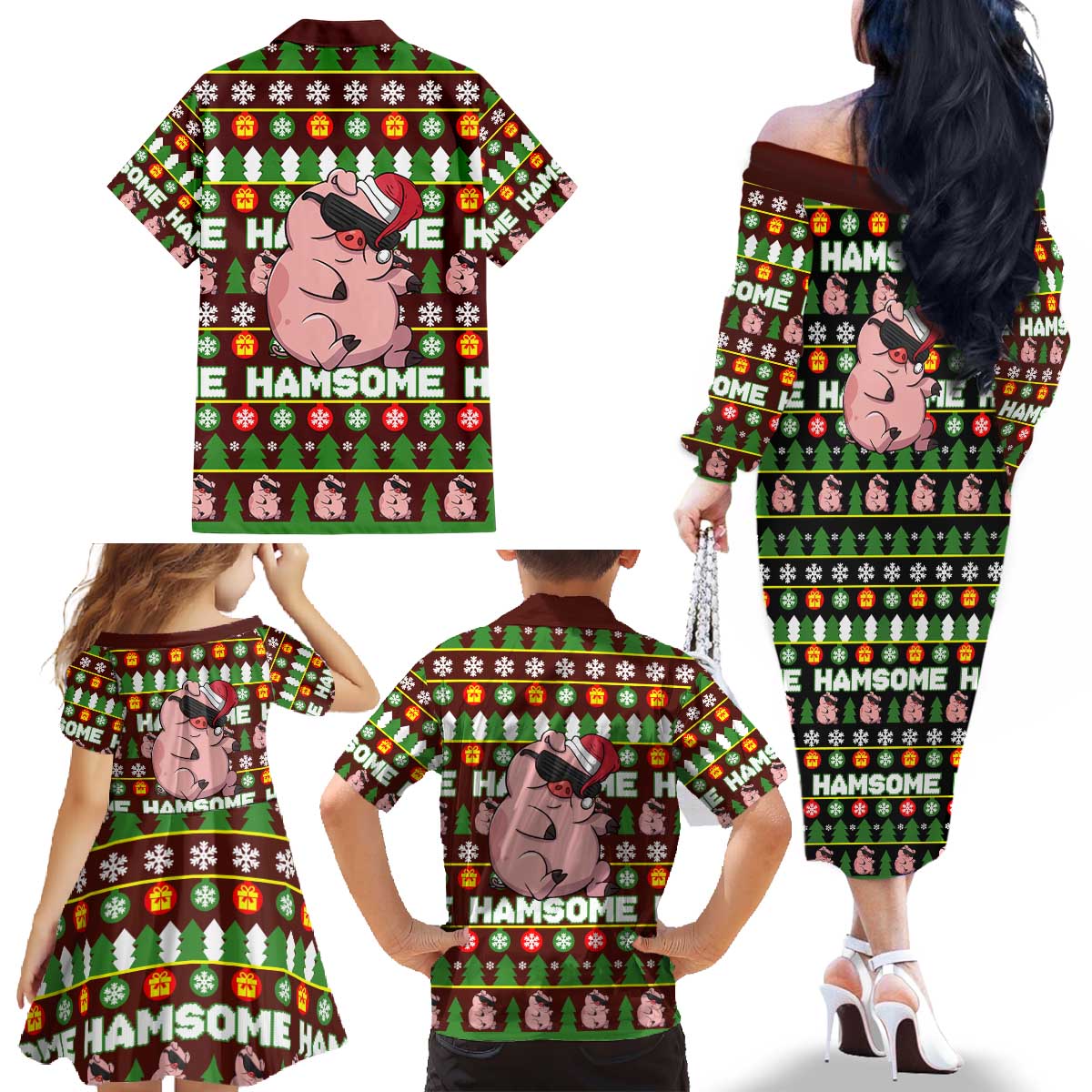 Hamsome Cute Pig Christmas Family Matching Off The Shoulder Long Sleeve Dress and Hawaiian Shirt Xmas Holiday Patterns - Wonder Print Shop