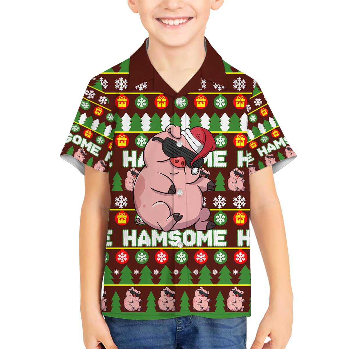Hamsome Cute Pig Christmas Family Matching Off The Shoulder Long Sleeve Dress and Hawaiian Shirt Xmas Holiday Patterns - Wonder Print Shop