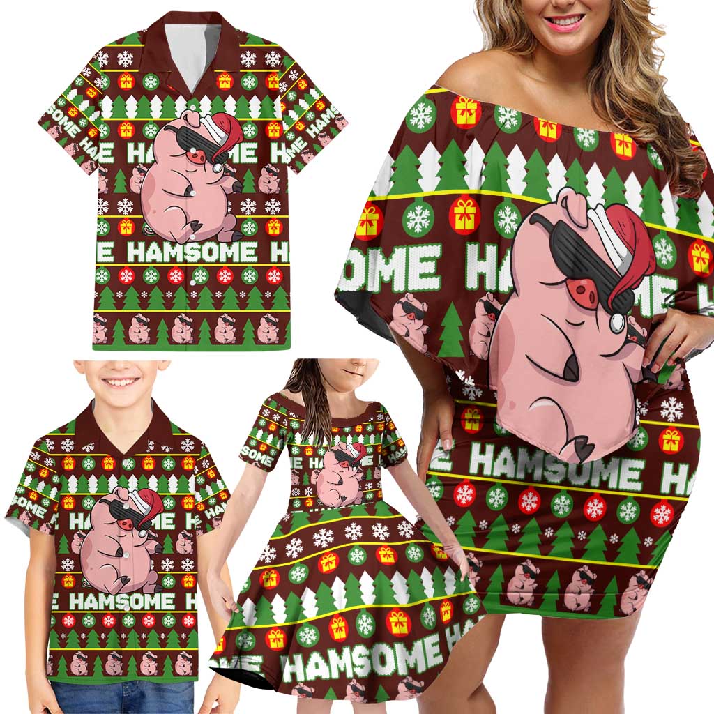 Hamsome Cute Pig Christmas Family Matching Off Shoulder Short Dress and Hawaiian Shirt Xmas Holiday Patterns - Wonder Print Shop