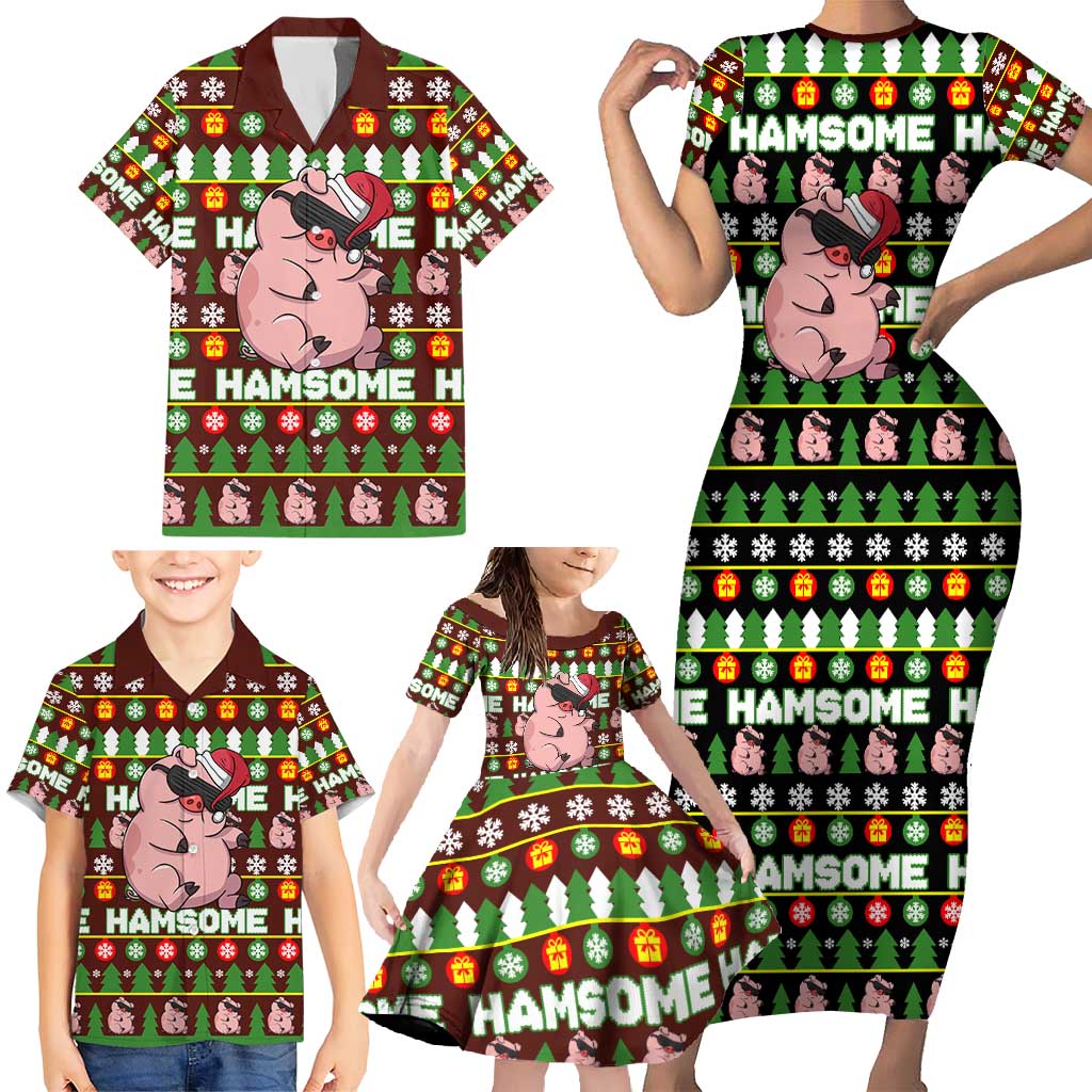 Hamsome Cute Pig Christmas Family Matching Short Sleeve Bodycon Dress and Hawaiian Shirt Xmas Holiday Patterns - Wonder Print Shop