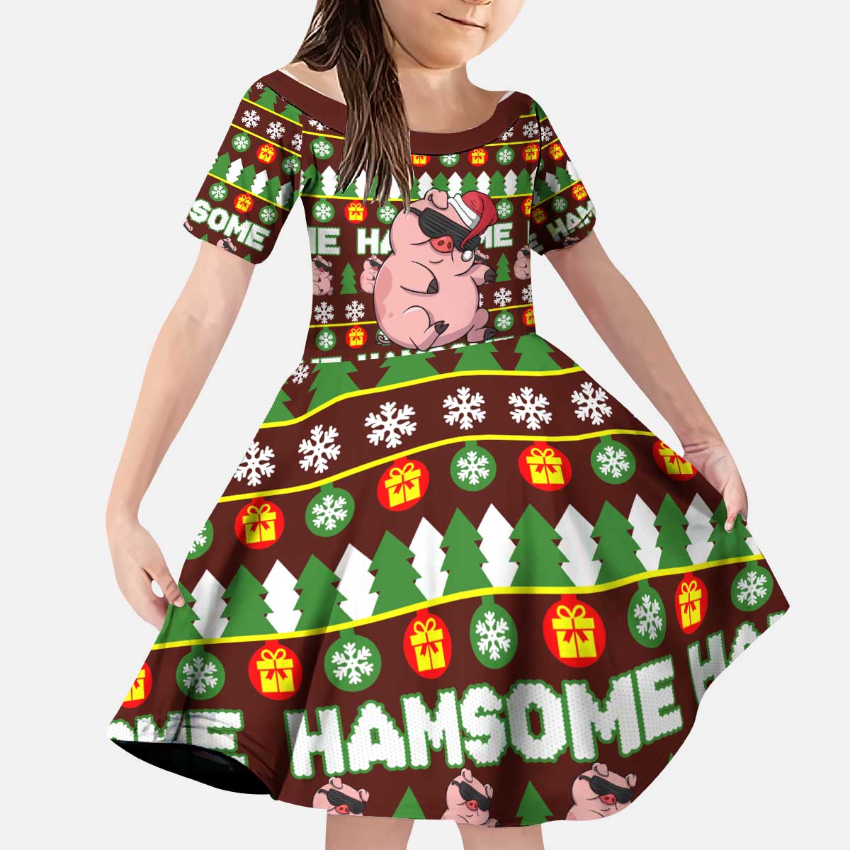 Hamsome Cute Pig Christmas Kid Short Sleeve Dress Xmas Holiday Patterns - Wonder Print Shop