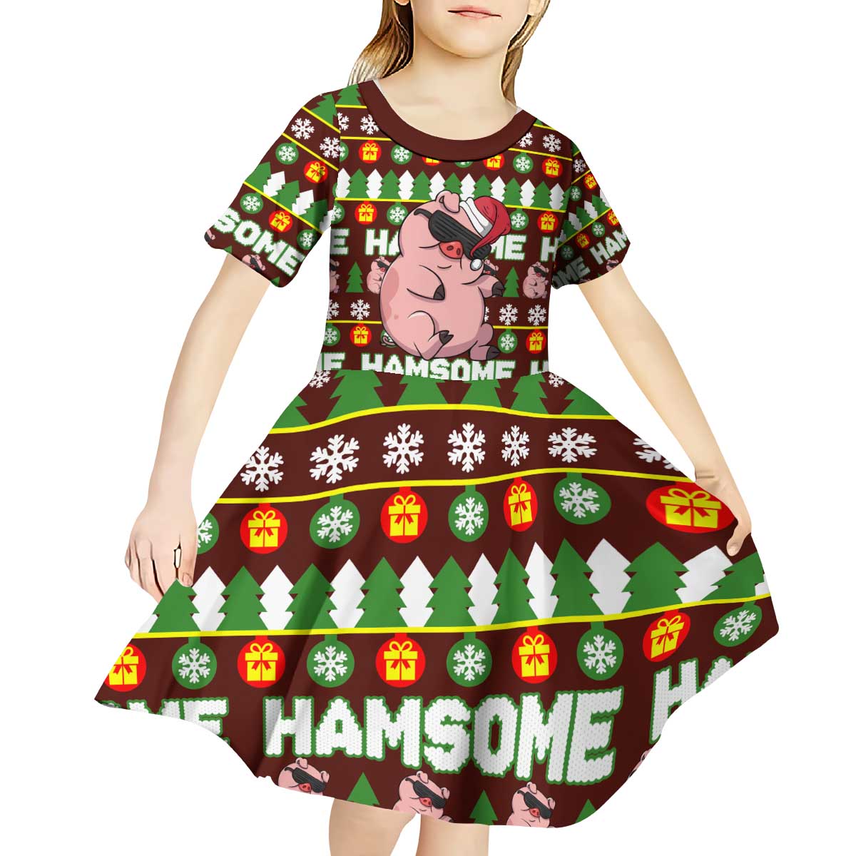 Hamsome Cute Pig Christmas Kid Short Sleeve Dress Xmas Holiday Patterns - Wonder Print Shop