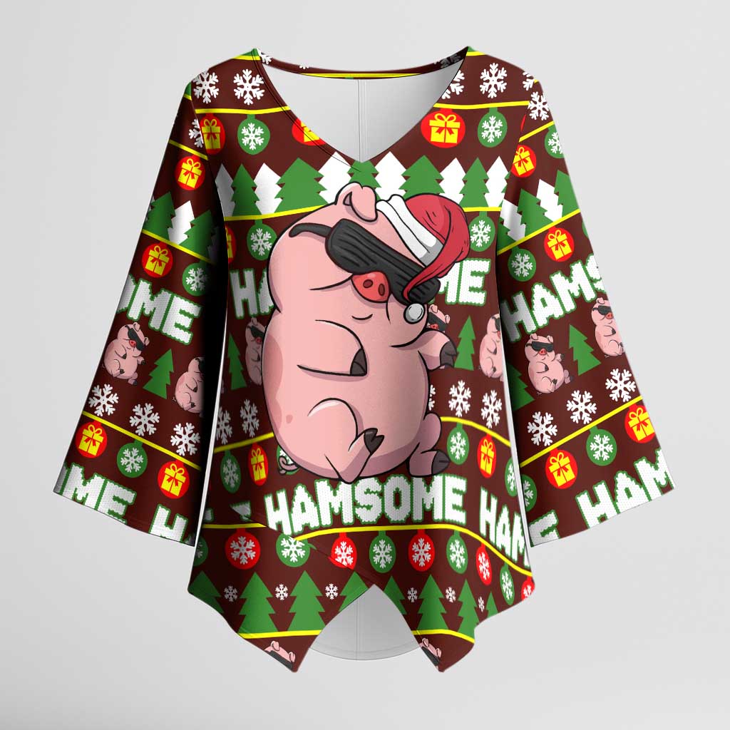 Hamsome Cute Pig Christmas Kimono Sleeve Blouse Xmas Holiday Patterns - Wonder Print Shop