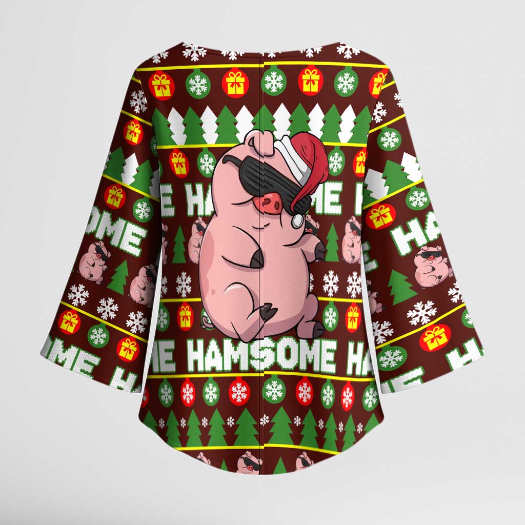Hamsome Cute Pig Christmas Kimono Sleeve Blouse Xmas Holiday Patterns - Wonder Print Shop
