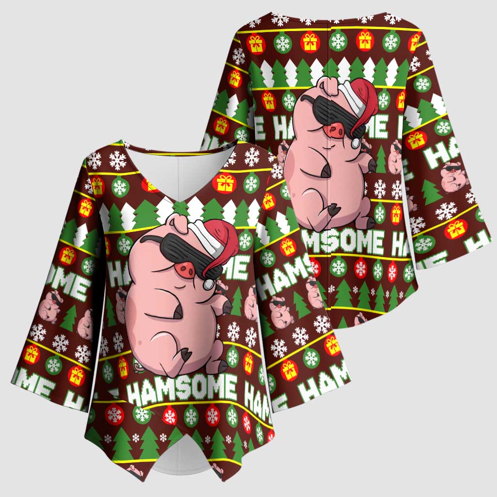 Hamsome Cute Pig Christmas Kimono Sleeve Blouse Xmas Holiday Patterns - Wonder Print Shop