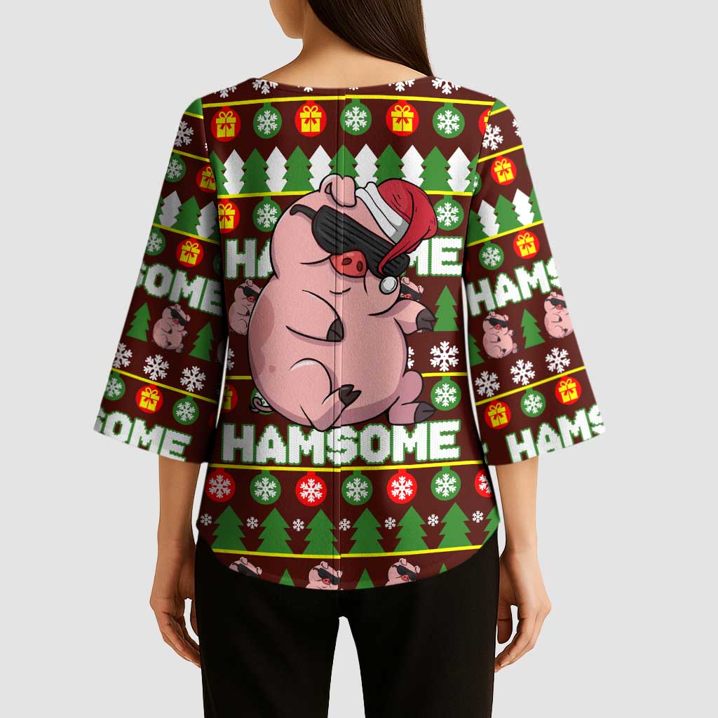 Hamsome Cute Pig Christmas Kimono Sleeve Blouse Xmas Holiday Patterns - Wonder Print Shop