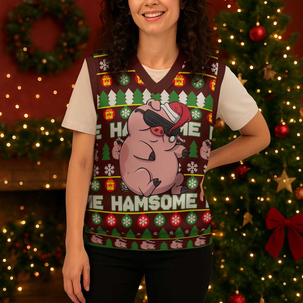 Hamsome Cute Pig Christmas Knitted V-Neck Vest Xmas Holiday Patterns - Wonder Print Shop