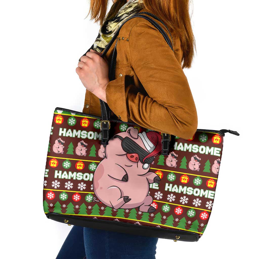 Hamsome Cute Pig Christmas Leather Tote Bag Xmas Holiday Patterns - Wonder Print Shop