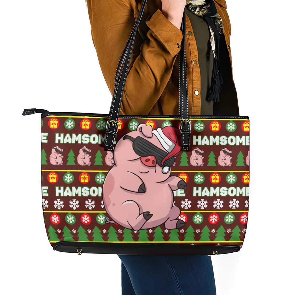 Hamsome Cute Pig Christmas Leather Tote Bag Xmas Holiday Patterns - Wonder Print Shop