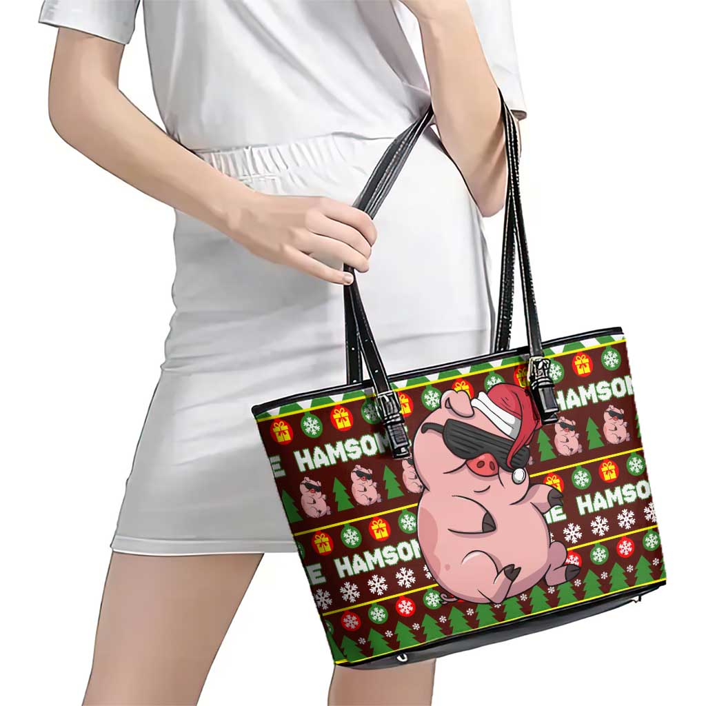 Hamsome Cute Pig Christmas Leather Tote Bag Xmas Holiday Patterns - Wonder Print Shop