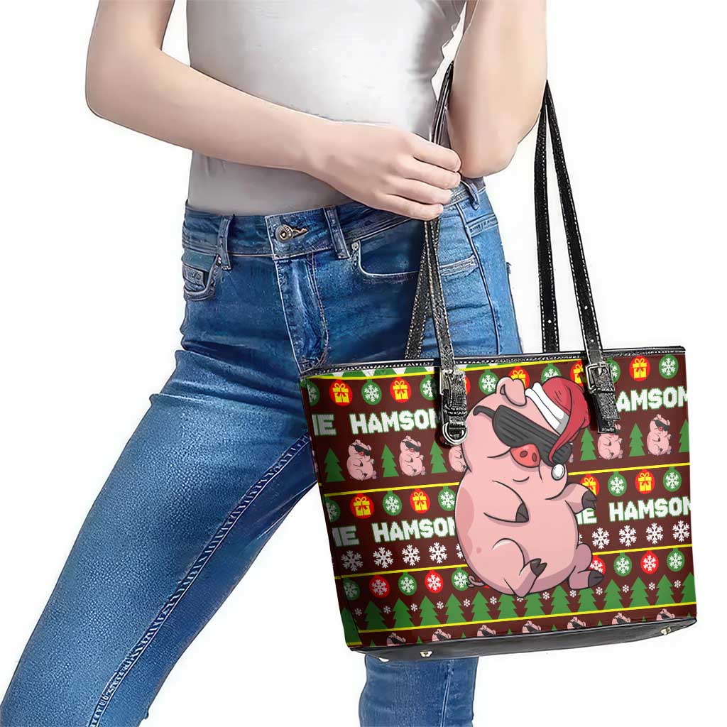 Hamsome Cute Pig Christmas Leather Tote Bag Xmas Holiday Patterns - Wonder Print Shop