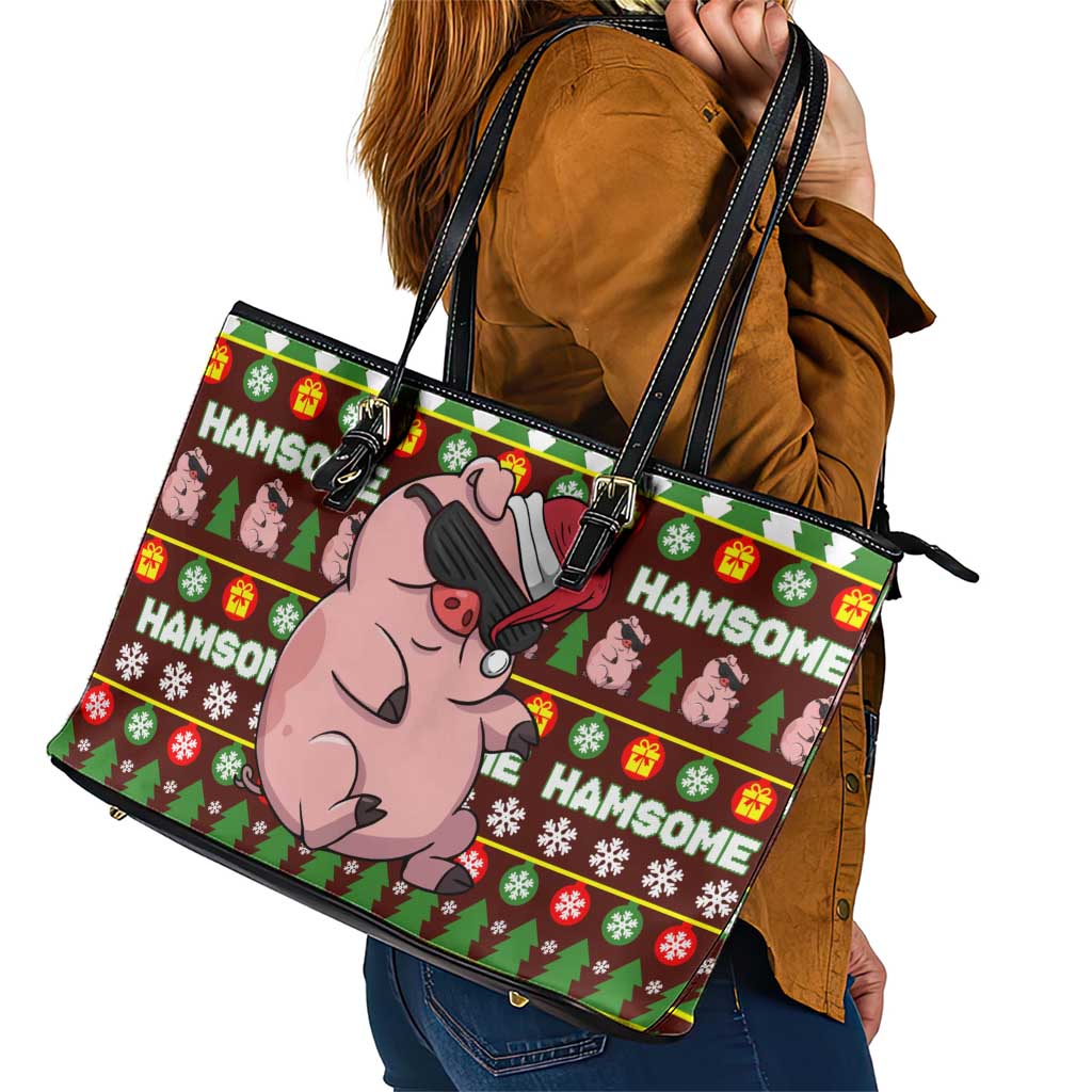 Hamsome Cute Pig Christmas Leather Tote Bag Xmas Holiday Patterns - Wonder Print Shop