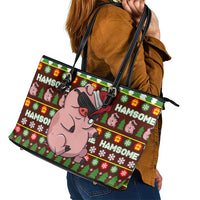 Hamsome Cute Pig Christmas Leather Tote Bag Xmas Holiday Patterns - Wonder Print Shop