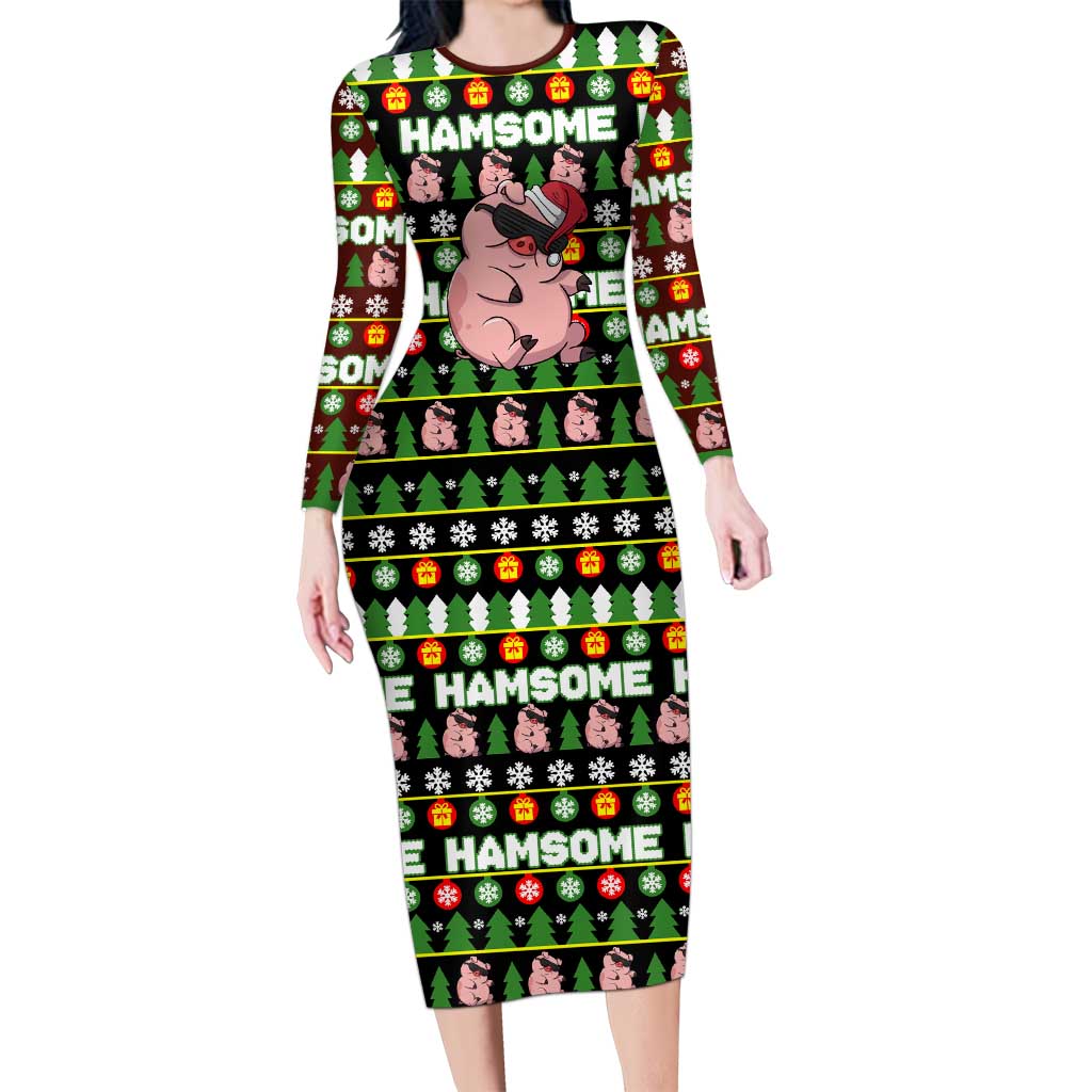 Hamsome Cute Pig Christmas Long Sleeve Bodycon Dress Xmas Holiday Patterns - Wonder Print Shop