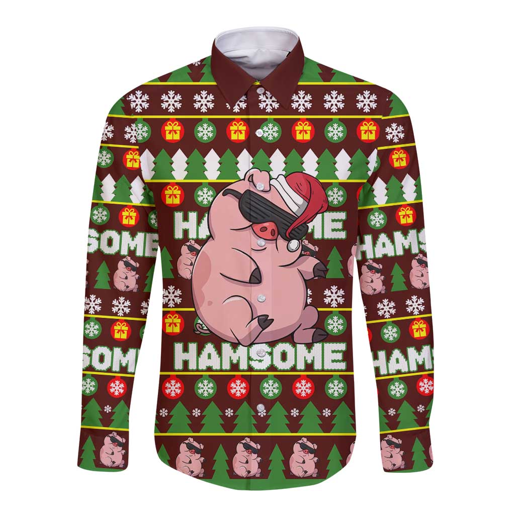 Hamsome Cute Pig Christmas Long Sleeve Button Shirt Xmas Holiday Patterns - Wonder Print Shop