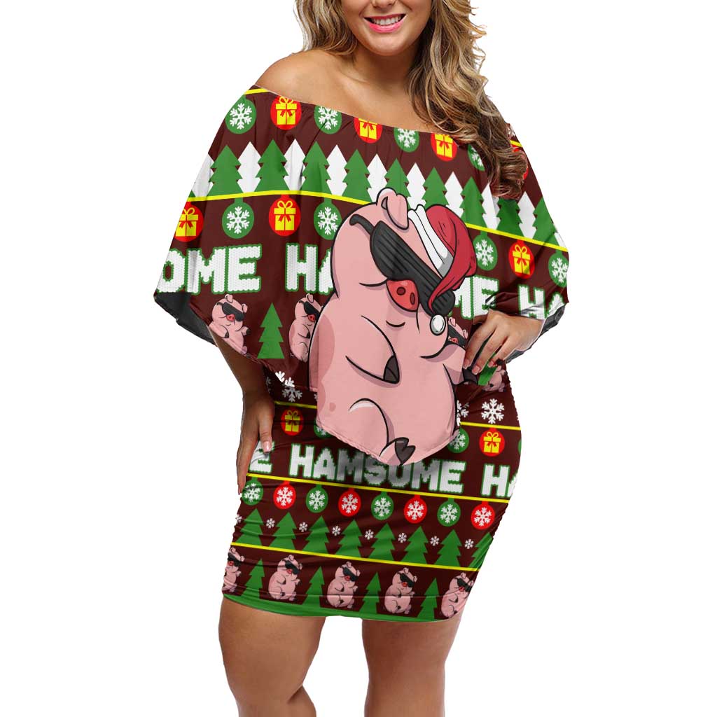 Hamsome Cute Pig Christmas Off Shoulder Short Dress Xmas Holiday Patterns - Wonder Print Shop