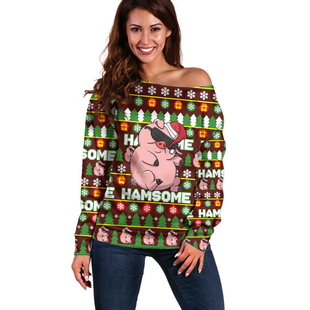 Hamsome Cute Pig Christmas Off Shoulder Sweater Xmas Holiday Patterns - Wonder Print Shop