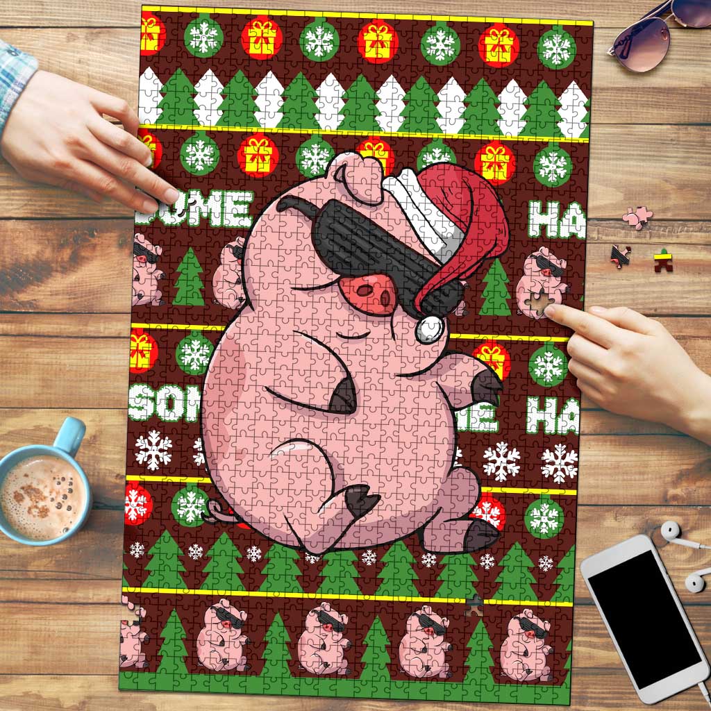 Hamsome Cute Pig Christmas Puzzle Xmas Holiday Patterns - Wonder Print Shop