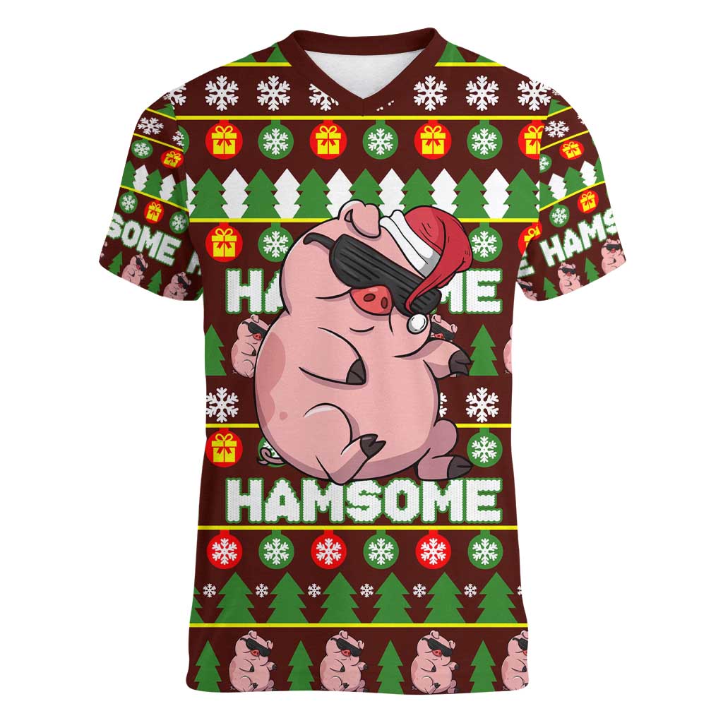 Hamsome Cute Pig Christmas Women V-Neck T-Shirt Xmas Holiday Patterns - Wonder Print Shop