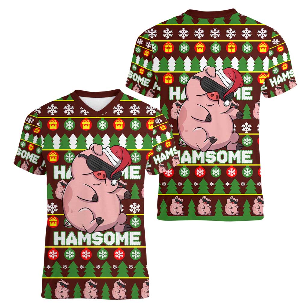 Hamsome Cute Pig Christmas Women V-Neck T-Shirt Xmas Holiday Patterns - Wonder Print Shop