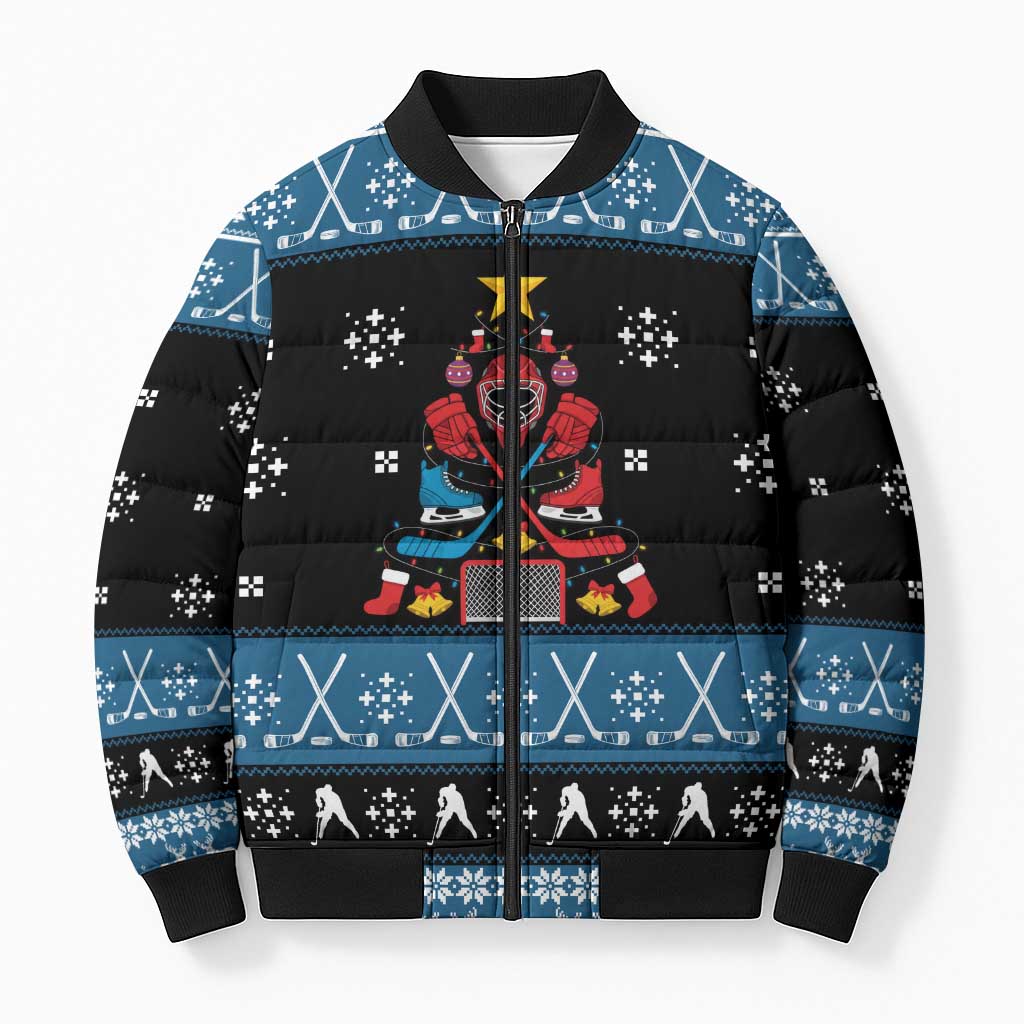 Happy Hockeyday Christmas Bomber Puffer Jacket Xmas Holiday Patterns - Wonder Print Shop