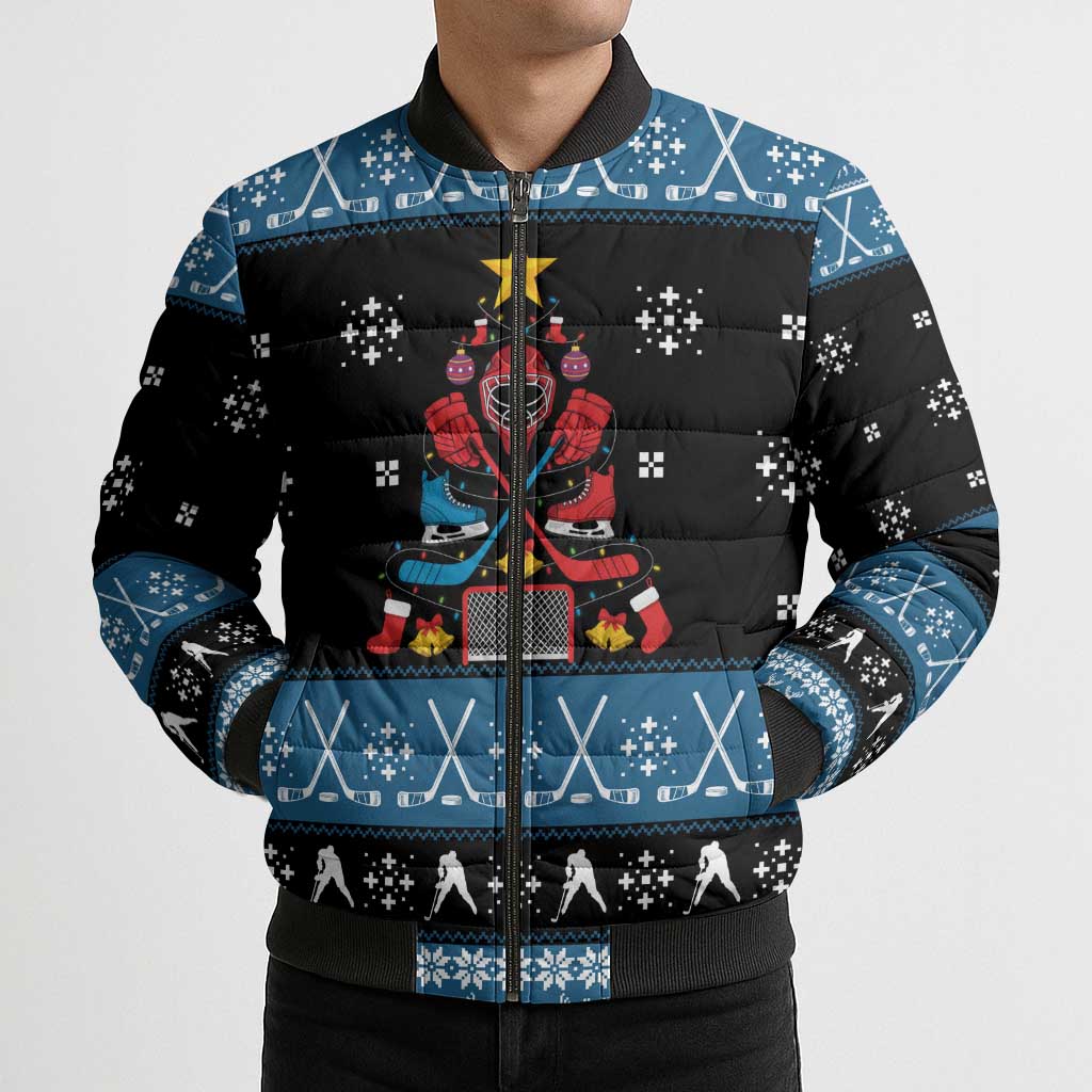Happy Hockeyday Christmas Bomber Puffer Jacket Xmas Holiday Patterns - Wonder Print Shop