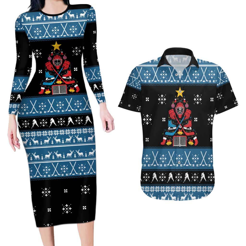 Happy Hockeyday Christmas Couples Matching Long Sleeve Bodycon Dress and Hawaiian Shirt Xmas Holiday Patterns - Wonder Print Shop