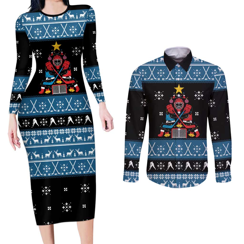 Happy Hockeyday Christmas Couples Matching Long Sleeve Bodycon Dress and Long Sleeve Button Shirt Xmas Holiday Patterns - Wonder Print Shop