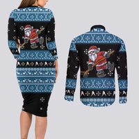 Happy Hockeyday Christmas Couples Matching Long Sleeve Bodycon Dress and Long Sleeve Button Shirt Xmas Holiday Patterns - Wonder Print Shop
